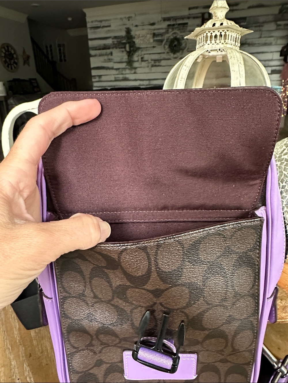 Coach Brown Signature Canvas Messenger Bag with Purple Trim - Picture 13 of 13